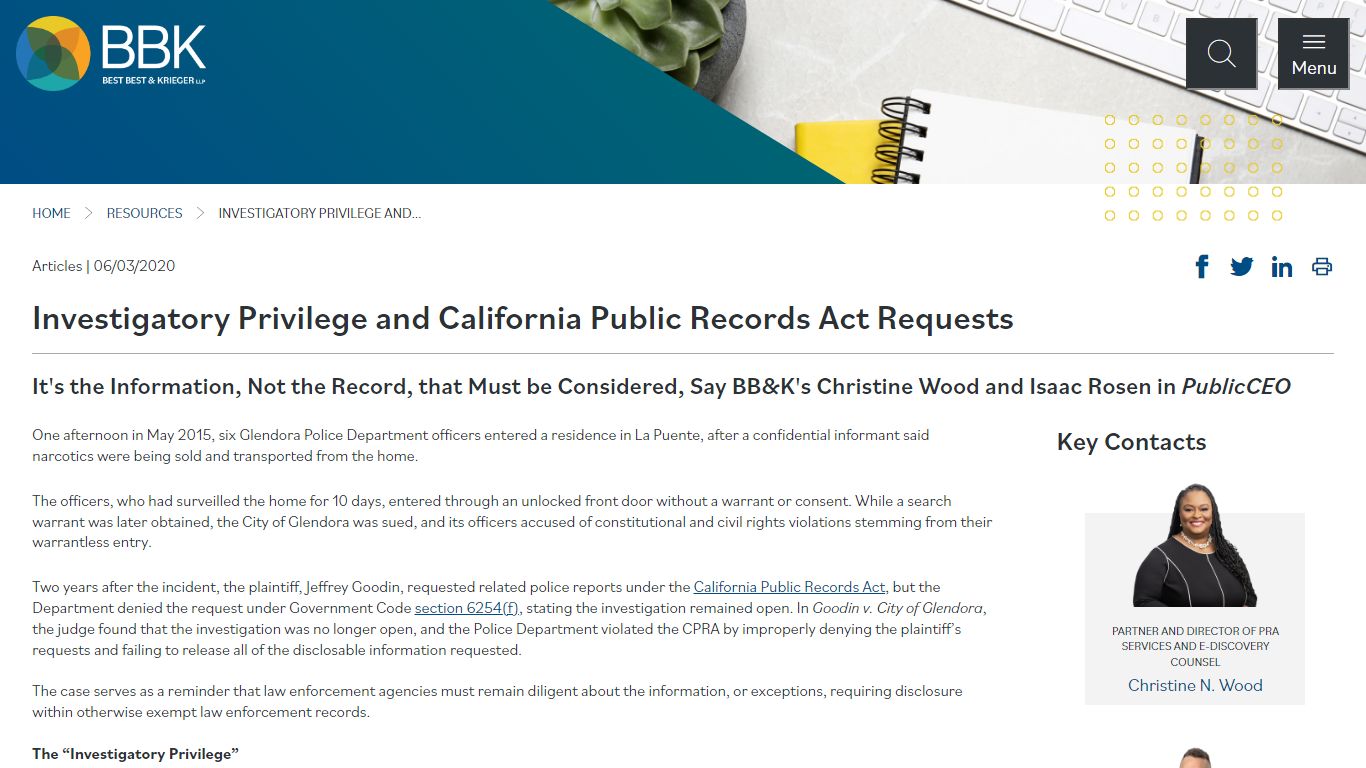 Investigatory Privilege and California Public Records Act Requests